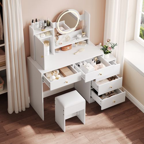 Coiffeuse 90x40x132 Cm, LED, Prises Électriques, Miroir, Tabouret, 5 Tiroirs, 1 Armoire, Mdf Blanc