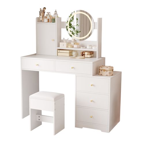 Coiffeuse 90x40x132 Cm, LED, Prises Électriques, Miroir, Tabouret, 5 Tiroirs, 1 Armoire, Mdf Blanc