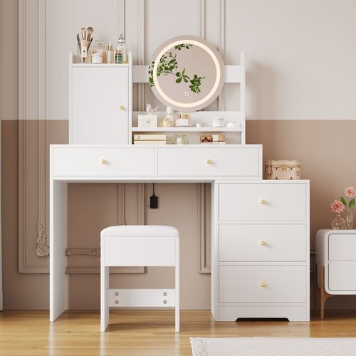 Coiffeuse 90x40x132 Cm, LED, Prises Électriques, Miroir, Tabouret, 5 Tiroirs, 1 Armoire, Mdf Blanc