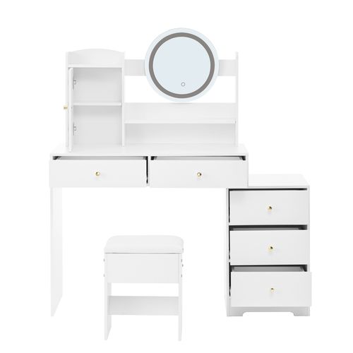 Coiffeuse 90x40x132 Cm, LED, Prises Électriques, Miroir, Tabouret, 5 Tiroirs, 1 Armoire, Mdf Blanc