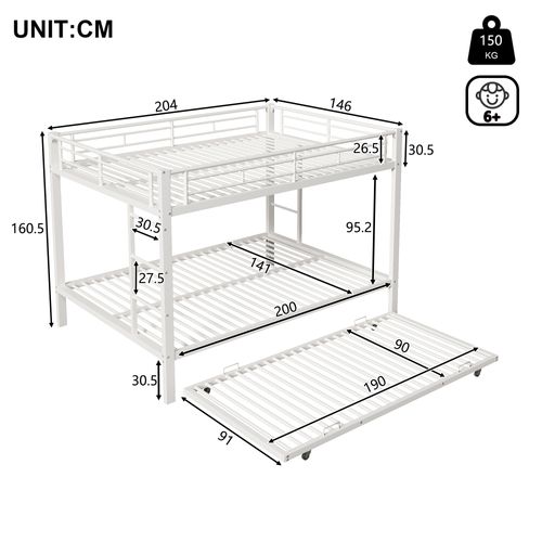 Lit Superposé 140x200 Cm, Lit Gigogne Extractible 90x190 Cm, Garde-corps Hauts, Métal, Blanc