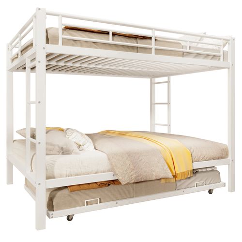 Lit Superposé 140x200 Cm, Lit Gigogne Extractible 90x190 Cm, Garde-corps Hauts, Métal, Blanc