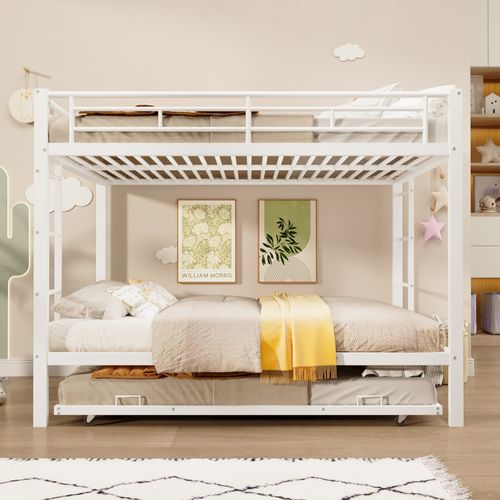 Lit Superposé 140x200 Cm, Lit Gigogne Extractible 90x190 Cm, Garde-corps Hauts, Métal, Blanc
