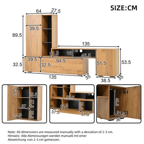 Ensemble Meuble TV 174-265x35x53.5cm, 4 Portes, 5 Niches, Panneaux De Particules, Couleur Bois