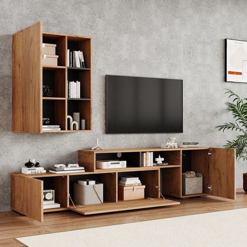 Ensemble Meuble TV 174-265x35x53.5cm, 4 Portes, 5 Niches, Panneaux De Particules, Couleur Bois