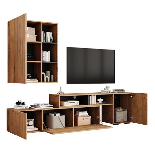 Ensemble Meuble TV 174-265x35x53.5cm, 4 Portes, 5 Niches, Panneaux De Particules, Couleur Bois