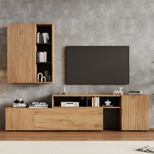 Ensemble Meuble TV 174-265x35x53.5cm, 4 Portes, 5 Niches, Panneaux De Particules, Couleur Bois