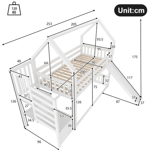 Lit Superposé 90x200cm, 1 Couchage, Toboggan, Escalier De Rangement, Design Cabane, Bois, Blanc