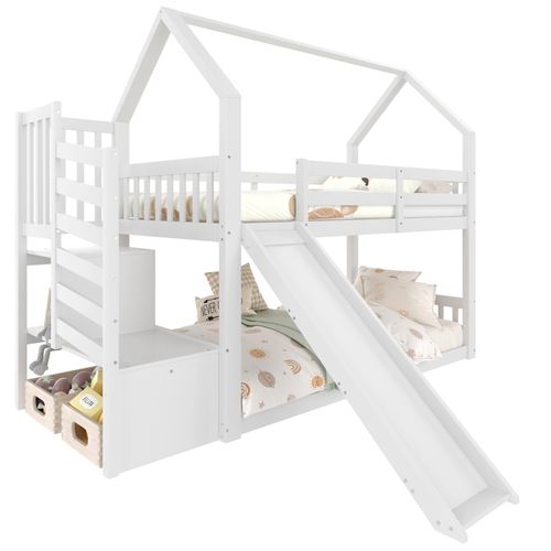 Lit Superposé 90x200cm, 1 Couchage, Toboggan, Escalier De Rangement, Design Cabane, Bois, Blanc