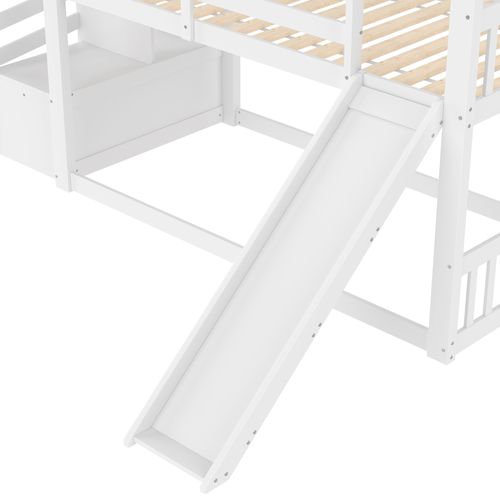 Lit Superposé 90x200cm, 1 Couchage, Toboggan, Escalier De Rangement, Design Cabane, Bois, Blanc