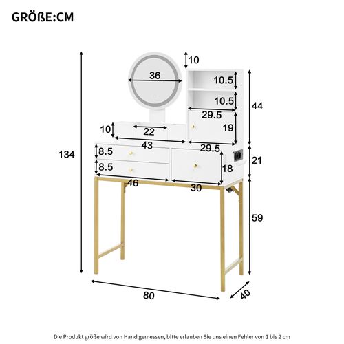 Coiffeuse 80x40x134 Cm, LED, 3 Tiroirs Et 1 Porte, 1 Miroir, Rangement, Port USB, Mdf, Blanc, Doré