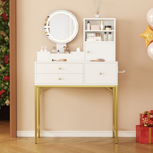 Coiffeuse 80x40x134 Cm, LED, 3 Tiroirs Et 1 Porte, 1 Miroir, Rangement, Port USB, Mdf, Blanc, Doré