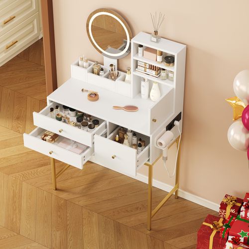 Coiffeuse 80x40x134 Cm, LED, 3 Tiroirs Et 1 Porte, 1 Miroir, Rangement, Port USB, Mdf, Blanc, Doré