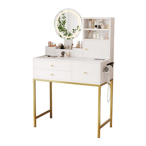 Coiffeuse 80x40x134 Cm, LED, 3 Tiroirs Et 1 Porte, 1 Miroir, Rangement, Port USB, Mdf, Blanc, Doré