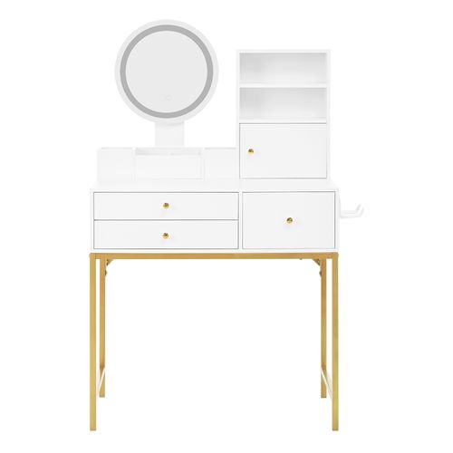 Coiffeuse 80x40x134 Cm, LED, 3 Tiroirs Et 1 Porte, 1 Miroir, Rangement, Port USB, Mdf, Blanc, Doré
