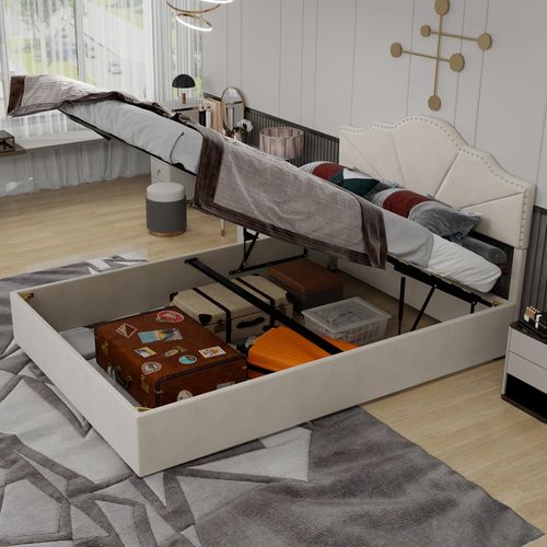 Lit Coffre 140x200 Cm, Tête De Lit Géométrique Cloutée, Rangement Caché, Tissu Et Métal, Beige