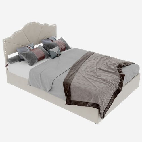 Lit Coffre 140x200 Cm, Tête De Lit Géométrique Cloutée, Rangement Caché, Tissu Et Métal, Beige