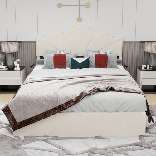 Lit Coffre 140x200 Cm, Tête De Lit Géométrique Cloutée, Rangement Caché, Tissu Et Métal, Beige