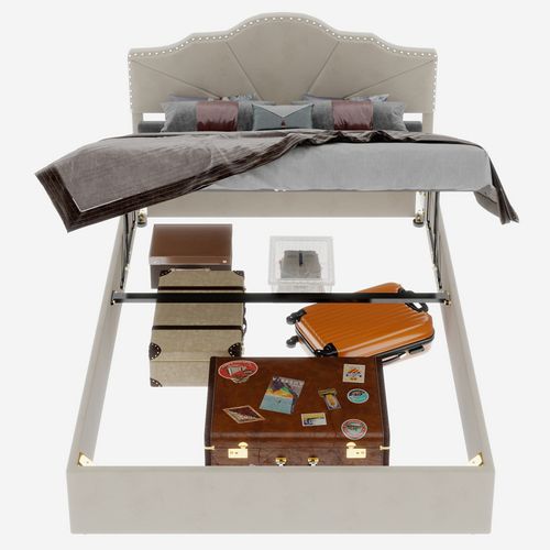 Lit Coffre 140x200 Cm, Tête De Lit Géométrique Cloutée, Rangement Caché, Tissu Et Métal, Beige