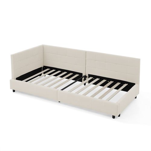 Lit Simple 90x200 Cm, Forme De L, Dossier Haut, Revêtement En Velours Et Mousse, Fer, Bois, Beige