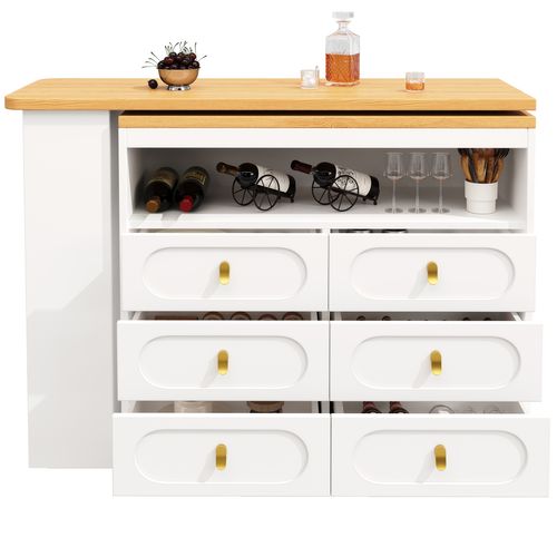 Table Extensible De Bar 137-203x39x90cm, Rotation 360°, Espace De Rangement, 6 Tiroirs, Mdf, Blanc