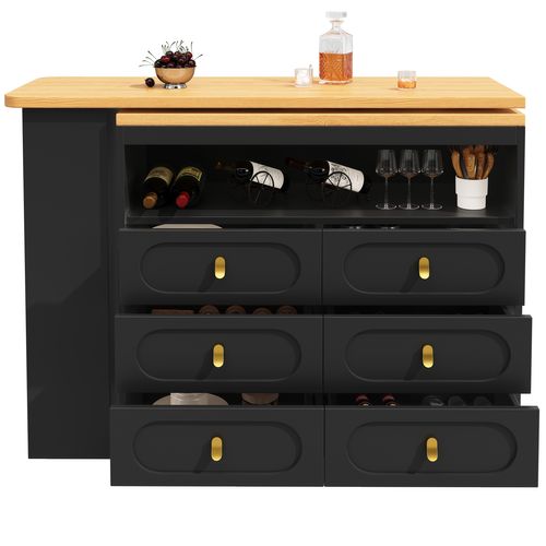Table Extensible De Bar 137-203x39x90cm, Rotation 360°, Espace De Rangement, 6 Tiroirs, Mdf, Noir