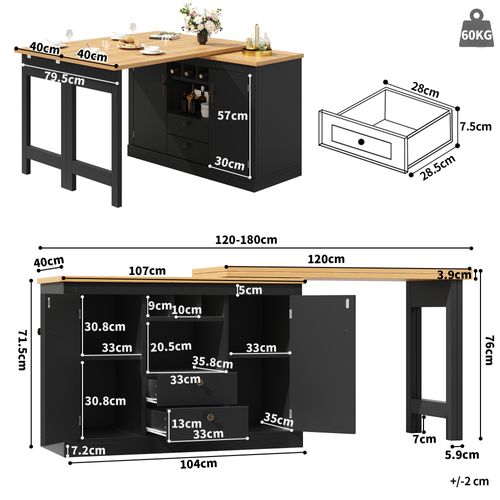 Table Bar Extensible 120-180 Cm, Rotation 360 Degrés, 2 Portes, 2 Tiroirs, Niche, Mdf, Noir+bois
