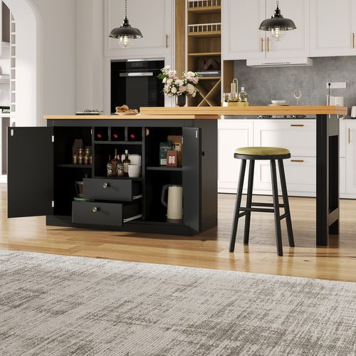 Table Bar Extensible 120-180 Cm, Rotation 360 Degrés, 2 Portes, 2 Tiroirs, Niche, Mdf, Noir+bois