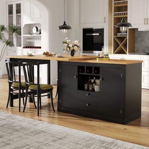 Table Bar Extensible 120-180 Cm, Rotation 360 Degrés, 2 Portes, 2 Tiroirs, Niche, Mdf, Noir+bois