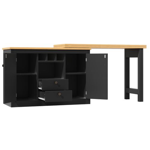 Table Bar Extensible 120-180 Cm, Rotation 360 Degrés, 2 Portes, 2 Tiroirs, Niche, Mdf, Noir+bois