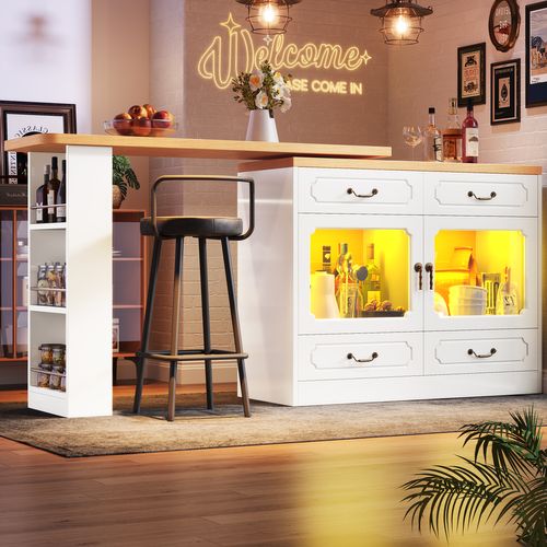 Table Extensible De Bar 135-203x39x92,8cm, Rotation 360°, Éclairage LED, 4 Tiroirs, Mdf, Blanc