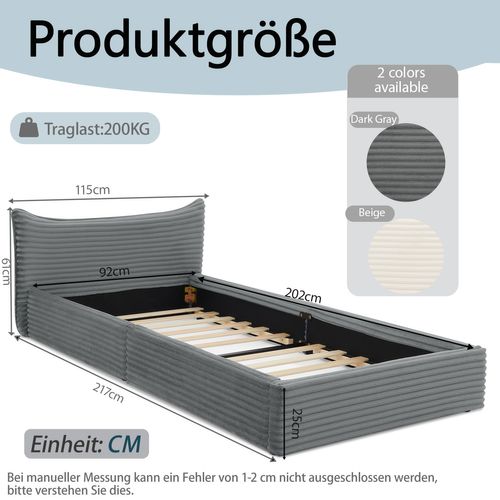 Lit Simple 90x200 Cm, Tête Design, Velours Côtelé, Bois D'eucalyptus Et Cadre Métal, Gris Foncé