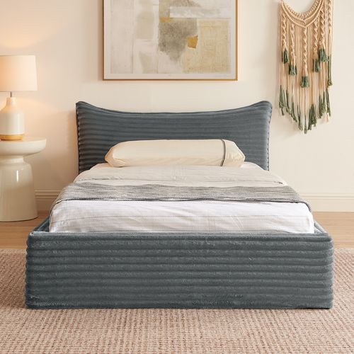 Lit Simple 90x200 Cm, Tête Design, Velours Côtelé, Bois D'eucalyptus Et Cadre Métal, Gris Foncé