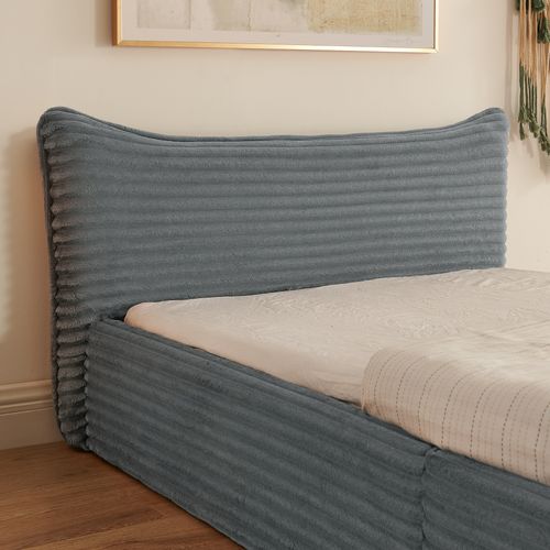 Lit Simple 90x200 Cm, Tête Design, Velours Côtelé, Bois D'eucalyptus Et Cadre Métal, Gris Foncé