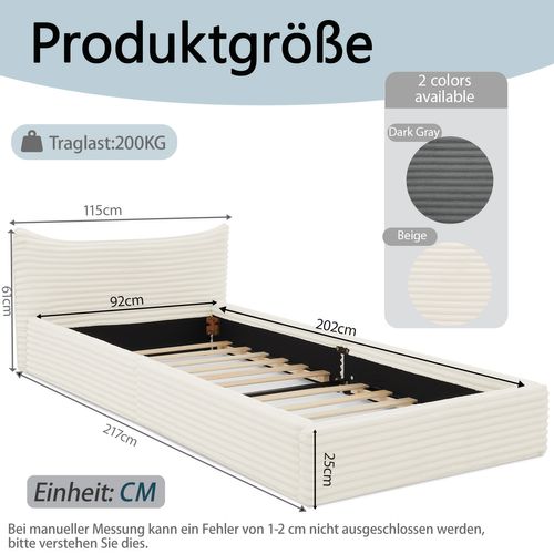 Lit Simple 90x200 Cm, Tête De Lit Design, Cadre Acier Et Bois D'eucalyptus, Velours Côtelé Beige