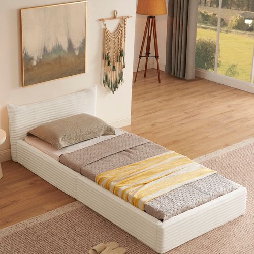 Lit Simple 90x200 Cm, Tête De Lit Design, Cadre Acier Et Bois D'eucalyptus, Velours Côtelé Beige