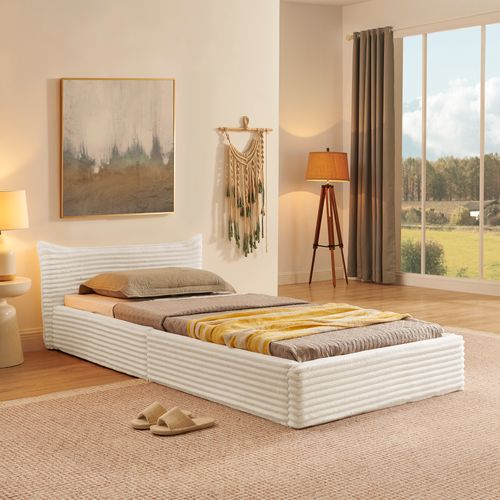 Lit Simple 90x200 Cm, Tête De Lit Design, Cadre Acier Et Bois D'eucalyptus, Velours Côtelé Beige