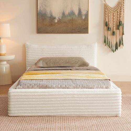 Lit Simple 90x200 Cm, Tête De Lit Design, Cadre Acier Et Bois D'eucalyptus, Velours Côtelé Beige