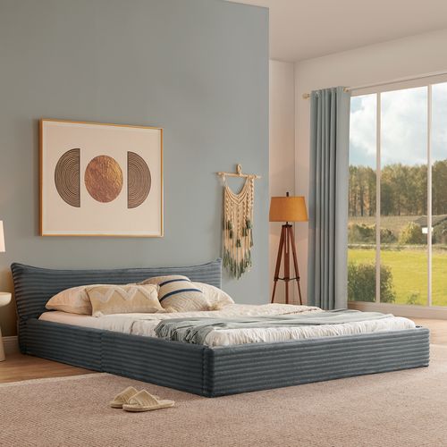 Lit Double 140x200 Cm, Tête De Lit Petits Bords, Velours Côtelé, Cadre Métal Et Bois, Gris Foncé