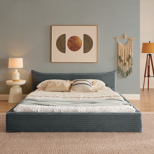 Lit Double 140x200 Cm, Tête De Lit Petits Bords, Velours Côtelé, Cadre Métal Et Bois, Gris Foncé