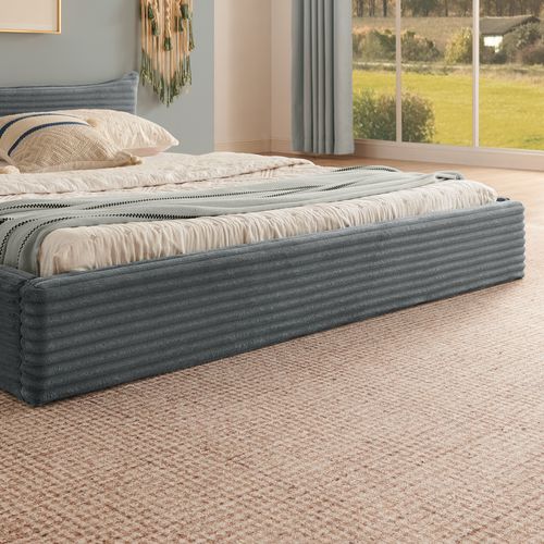 Lit Double 140x200 Cm, Tête De Lit Petits Bords, Velours Côtelé, Cadre Métal Et Bois, Gris Foncé