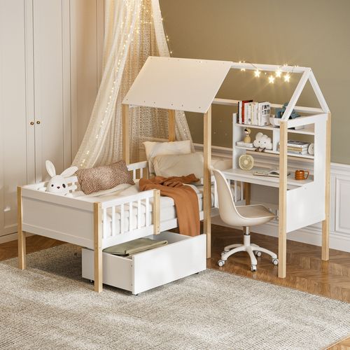 Lit Cabane Enfant 90x200 Cm, Design En L Avec Bureau Et Tiroirs Sur Roulettes, Bois Et Mdf, Blanc