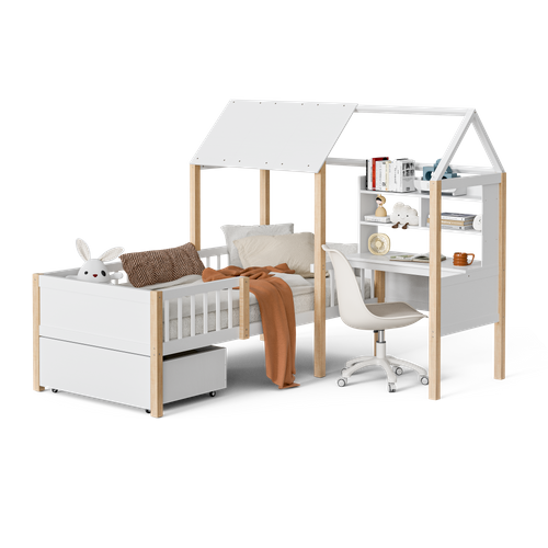Lit Cabane Enfant 90x200 Cm, Design En L Avec Bureau Et Tiroirs Sur Roulettes, Bois Et Mdf, Blanc