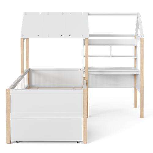 Lit Cabane Enfant 90x200 Cm, Design En L Avec Bureau Et Tiroirs Sur Roulettes, Bois Et Mdf, Blanc