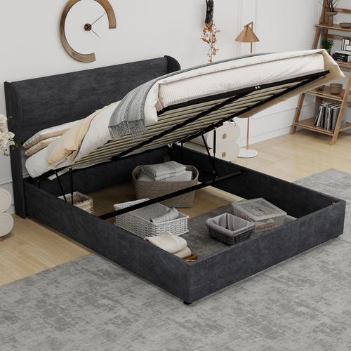 Lit Coffre 160x200 Cm, Coffre Avec Vérin à Gaz, Tissu Velours, Structure Métal, Métal, Gris
