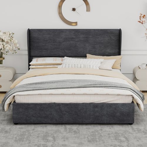 Lit Coffre 160x200 Cm, Coffre Avec Vérin à Gaz, Tissu Velours, Structure Métal, Métal, Gris