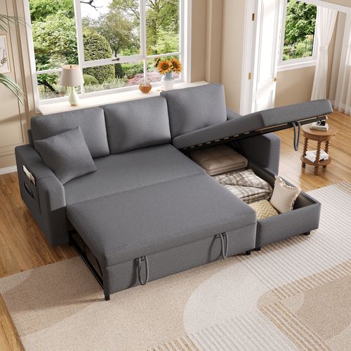 Canapé D'angle Convertible 219.5x75x83 Cm, Chaiselongue Réversible Avec Rangement, Lin, Gris Foncé