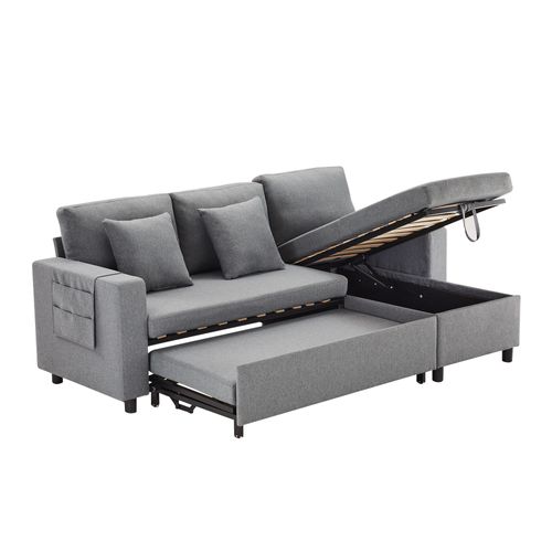 Canapé D'angle Convertible 219.5x75x83 Cm, Chaiselongue Réversible Avec Rangement, Lin, Gris Foncé
