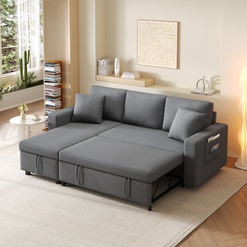 Canapé D'angle Convertible 219.5x75x83 Cm, Chaiselongue Réversible Avec Rangement, Lin, Gris Foncé