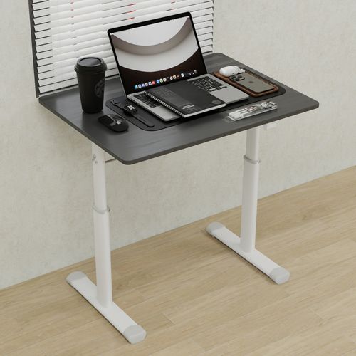 Bureau Réglable 80x60x60-90 Cm, Manivelle Pour Hauteur, Métal Et Bois, Couleur Gris+blanc